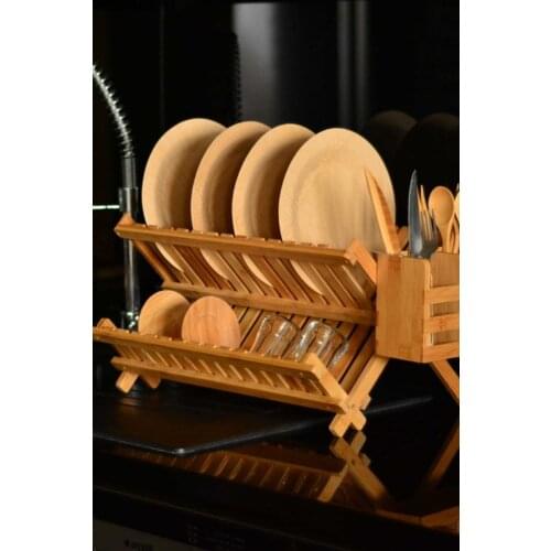 Enda Dish Basket with Spoon Holder Bamboo Dish Organizer Plate basket utensil