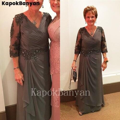 Lace Beads Pleat Chiffon Mother of the Bride Dress Illusion Half Sleeves Long Wedding Party Gown