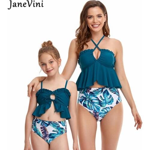JaneVini High Waisted 2 Piece Swimwear Mother Daughter Swimsuit Girls Family Matching Bathing Suits Floral Bikini Set 2021 Woman