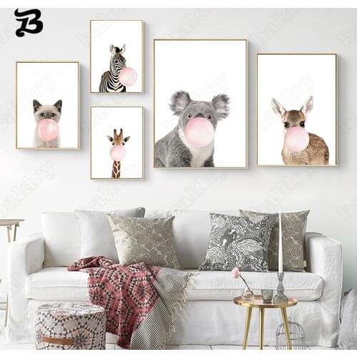 Cute Animals Canvas Painting Wall Art Blowing Bubbles Wall Pictures Vintage Room Decoration for Living Room Kids Room Wall Decor