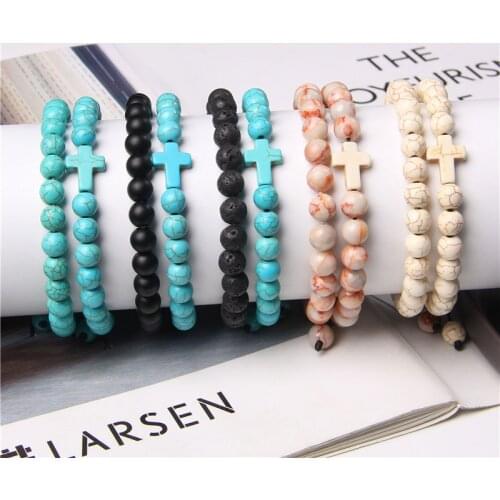 Trendy Cross Charm Bracelet 2Pcs/set Turquoises Jaspers Bead Lava Braided Bracelets For Women Men Pray Safety Jewelry Pulsera