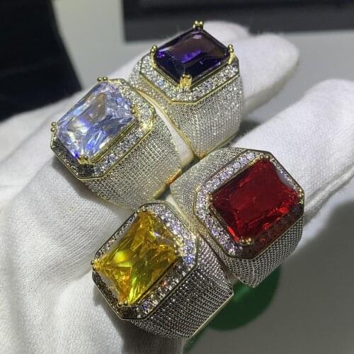 Hip hop Exaggerated style Luxury Jewelry 925 Sterling Silver&Gold Fill Cushion Shape Big 5A Multi Color CZ Wedding Band Men Ring