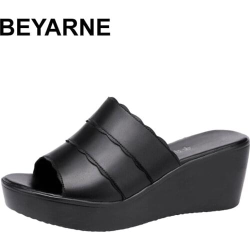 BEYARNENew 2021 Fashion Open Head Elegant Platform Slippers Women Wedding Shoes Summer Medium Heels Wedges Slides Office 32-43