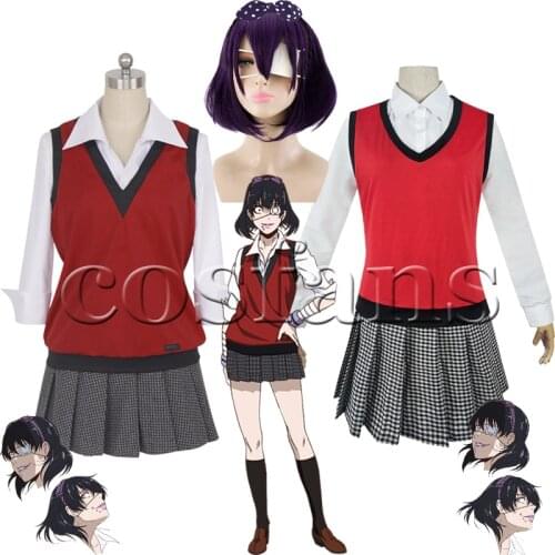 Anime Kakegurui Midari Ikishima Cosplay Wigs Costumes School Girls Uniforms Vest Dress With Eye Mask&Socks For Halloween Party