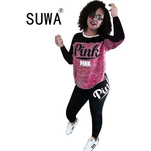 Casual Home Wear Workout Clothes Women Two Piece Set Pink Letter Long Sleeve Sweatshirt Top Jogger Leggings Trousers Sweatsuit