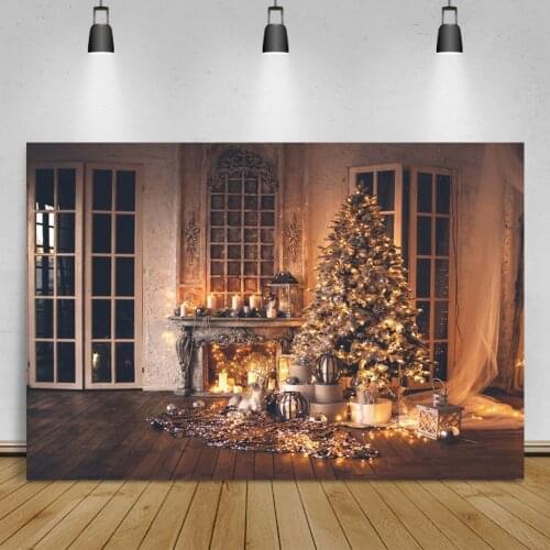 Vintage Christmas Tree Fireplace French Window Child Portrait Photography Backdrop Gifts Candle Wooden Floor Photo Background