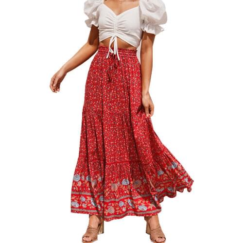 2021 Print Big pendulum long skirt retro elastic waist tether beach seaside resort womens clothing cotton soft breathable loose
