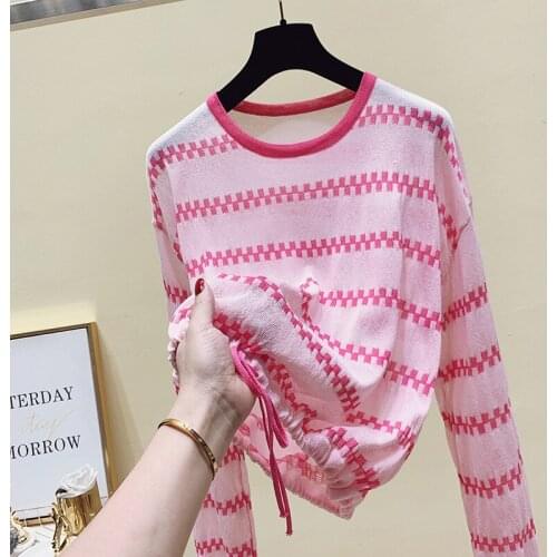Long-Sleeved Pink Striped Ice Silk Prevented Bask Korean Fashion Spring Autumn 2021 Clothes For Women T-Shirt Tops Blouse