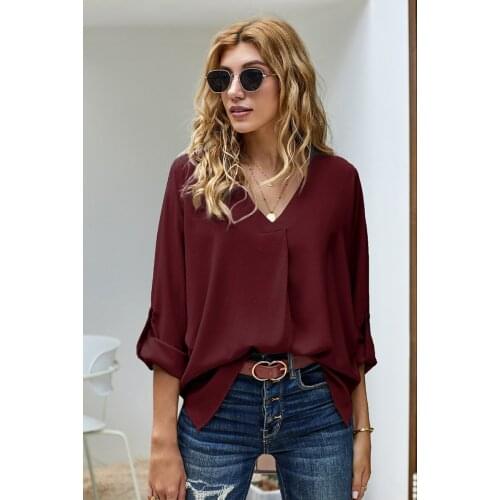 2021 fall/winter plus womens solid color loose v-neck long sleeve shirt