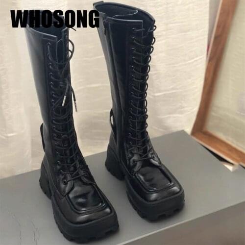 Women Boots Girls Motorcycle Botas Platform Flats Woman Mid Calf Boots Ladies Square Toe Shoes Female Black Brand Boots Brouge