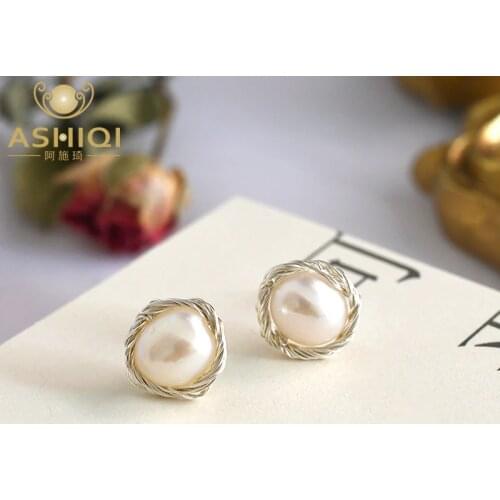 ASHIQI Handmade Real 925 Sterling Silver Stud Unusual Earrings 2020 Trendy for Women Natural Freshwater Pearl Jewelry Gift