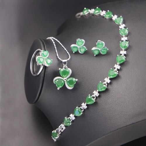 Pretty Lucky Circle & Heart Apple Green Stone Silver Color Jewelry For Women Stud Earrings Necklace Ring Bracelet Set