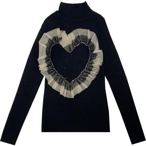 Korean Fashion Love Mesh Stitching Half-High Neck Slim Long-Sleeved Sweater Black Top Women Inside Jumper New Winter Vestido
