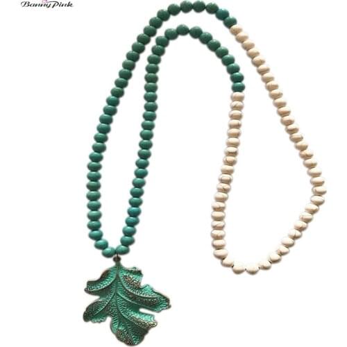 Banny Pink Bohemia Big Leaf Pendant Necklace For Women Handmade Stone Beads Strand Necklace Ethnic long Sweater Chain Necklace