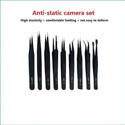 9Pcs High Precision Anti Static Tweezers Set ESD Tip Curved Straight Tweezer Stainless Multifunction Nipper Repair Tool Kit