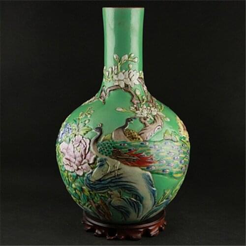 #06 Antique QingDynasty porcelain vase,pastal,(Relief) flowers bottle,carved designs crafts,collection & Adornment,Free shipping