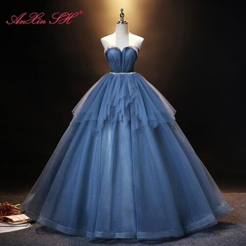 AnXin SH vintage blue lace sparkly spaghetti strap sleeveless bride ball gown princess party host ruffles host evening dress