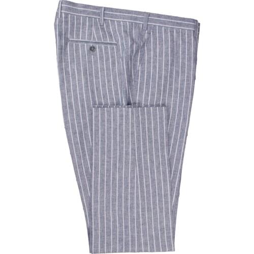 2021 Breathable Denim Blue Chalk Stripe Linen Cotton Dress Pants Tailor Made Trousers Custom Made Pants For Summer Linen Pants
