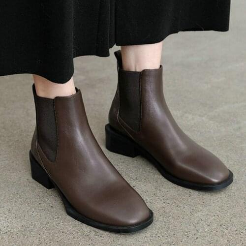 EshtonShero Shoes Woman Women Ankle Boots Med Heels Cow Leather Platform Winter Elastic Ladies Motorcycle Riding Boots Size 3-9