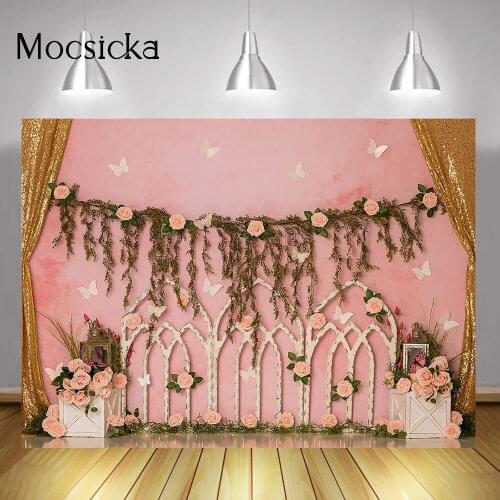 Sweet Girl Birthday Cake Smash Background Spring Flowers Butterfly Pink Children Portrait Backdrop Photography Rose Gold Curtain