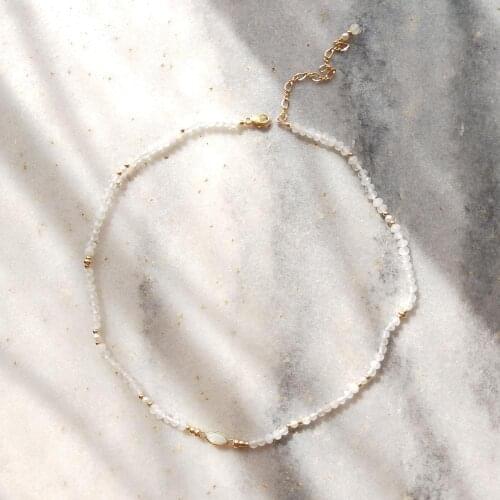 LiiJi Unique Real Pure Gold Natural Australian White Opal Charm Natural Moonstone Goldfilled Clasp Choker 37+5cm