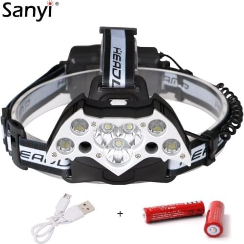 Sanyi 7000lm Headlamp 7*XML T6+2*XPE Headlight 6 Modes Headlamp USB Rechargeable Head Lamp Flashlight+2*18650 Battery+USB Cable