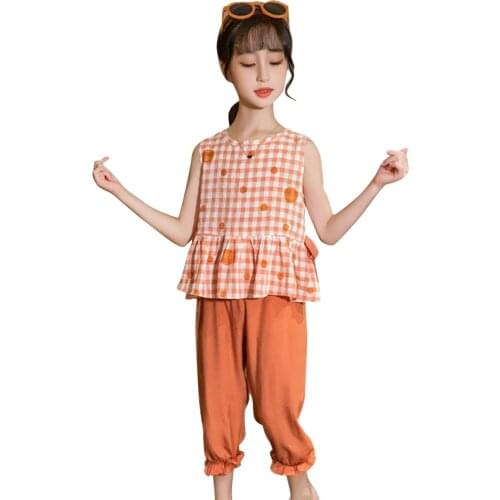 Teen Girls Clothing Dot Vest + Short Girls Clothing Plaid Pattern Tracksuit For Girl Casual Style Childrens Clothes Set