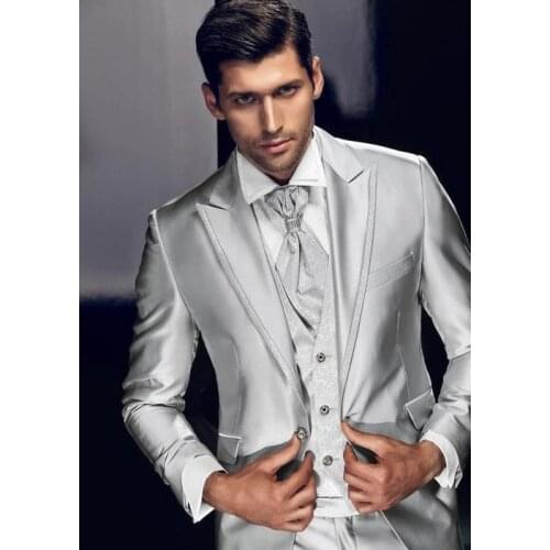 Latest Coat Pant Designs Italian Sliver Satin Men Suit Slim Fit Tuxedo 3 Piece Custom Classic Groom Prom Blazer Terno Masculino