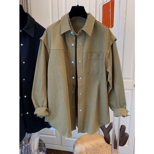 Casual Korean Fake Two Pieces Washed-demin Blouse Shirt Women Autumn New Tops Fashion Single Breasted Blusas Top