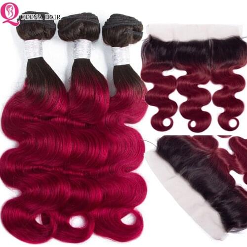 Queena 1b/Burgundy Ombre Body Wave Bundles With Frontal Closure 2 Tone Red Remy Malaysian Hair Colored 3 Bundles With Frontal
