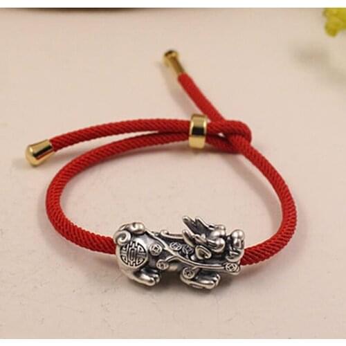 S999 Fine Silver Luck Bless Coin Pixiu Pendant with Red Cord Bracelet 27x12x12mm 17cmL