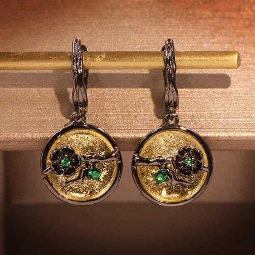 CIZEVA Retro Black Gold Branch Plum Blossom Emerald Earrings for Women Elegant 925 Sterling Silver Wedding Dangle Earrings