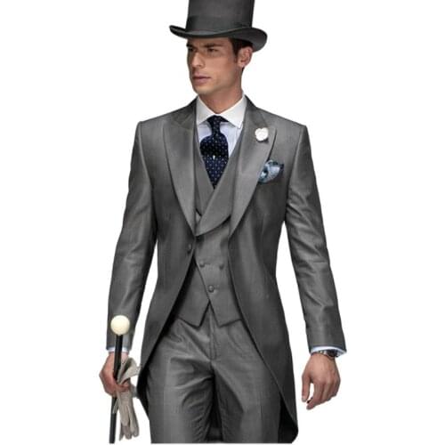 Gray Morning Style Groom Tuxedos Men Prom Dress Business Suits Coat Waistcoat Trousers Sets (Jacket+Pants+Vest+Tie) K:1307