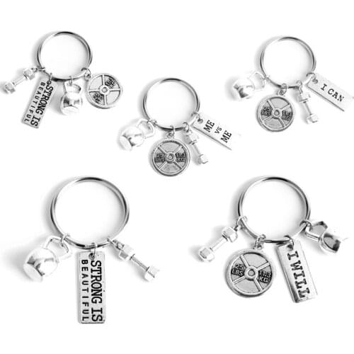 Sport Jewelry Key Chain Fitness Dumbbell Barbell Keychain Zinc alloy Charm Pendant Keyfob Men Women Trinket Keyholder
