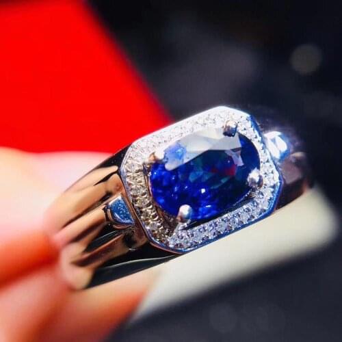 Bright light silver ring man ring classic shiny blue natural Sapphire gemstone ring 100% natural real gem 925 silver man gift