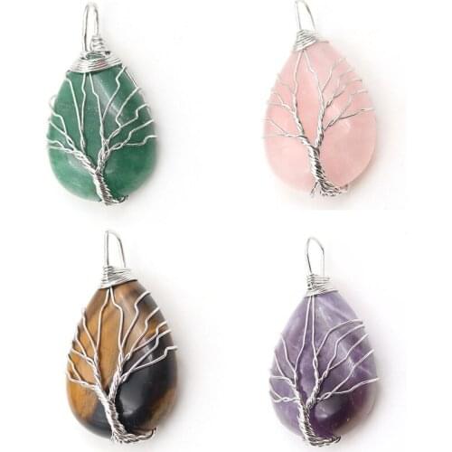 YJXP Tree of Life Pendants Reiki Amulet Natural Stones Wire Winding Water Drop Shaped Agates Lucky Charms DIY Necklaces' Jewelry