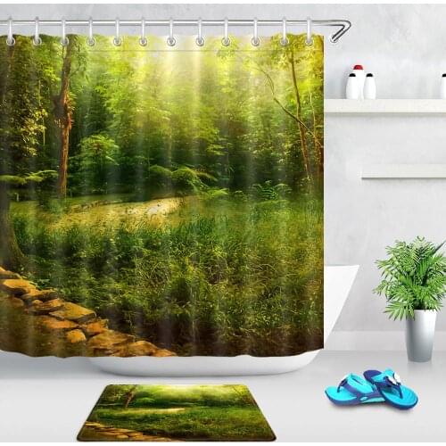 Natural Forest Trees Printed Bath Curtains Waterproof Polyester Fabric Spring Green Plant Bathroom Shower Curtain Screen