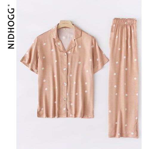 2021 New Short-sleeved Trousers Satin Pajamas Form Women Sweet Girlish Multicolor Viscose Turn-down Collar Two Piece Set Summer