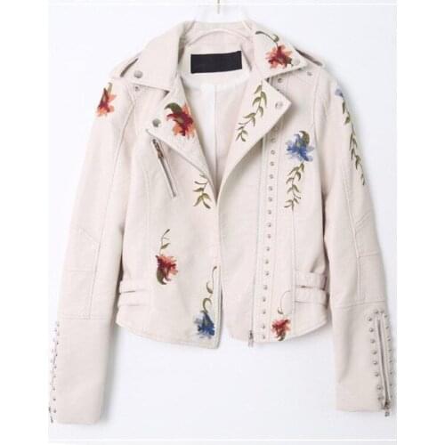 Women Black Beige Floral Print Embroidery Faux Soft Leather Jacket Coat Casual Pu Motorcycle Punk Outerwear Turn-down Collar