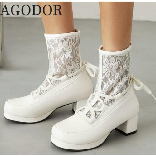 AGODOR Women Lolita Ankle Boots Lace Up Block Heel Mesh Heels Ankle Boots Chunky Heel Platform Pink Boots Cute Winter Shoes