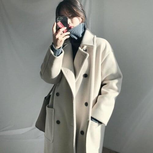 Cotday Long Sleeve Double Breasted Thickening Loose Hepburn Wool 2021 Fashion Autumn Winter Warm Women Woolen Coat Overcoats