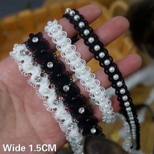 1.5CM Wide White Black Cotton Micro Elastic Lace Rhinestones Beaded Collar Neckline Trim Glitter Embroidered Ribbon DIY Material