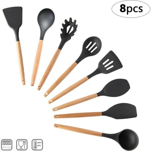 8 PCS Kitchen Utensils Set Wood Handle Silicone Spatula Cooking Wares Heat Resistant Spoonula Kitchen Gadget Kitchen Accessories