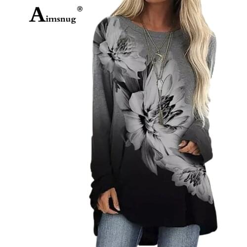 Aimsnug Plus Size T-shirt Ladies Elegant Leisure Casual Flower Print Womens Top 2021 Spring New Tees Shirt Casual Pullovers