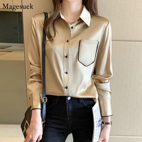 Satin Silk Solid Office Shirt Women Korean Long Sleeve Loose Blouses Women Turn-down Collar Clothes Spring New Female Tops 12804