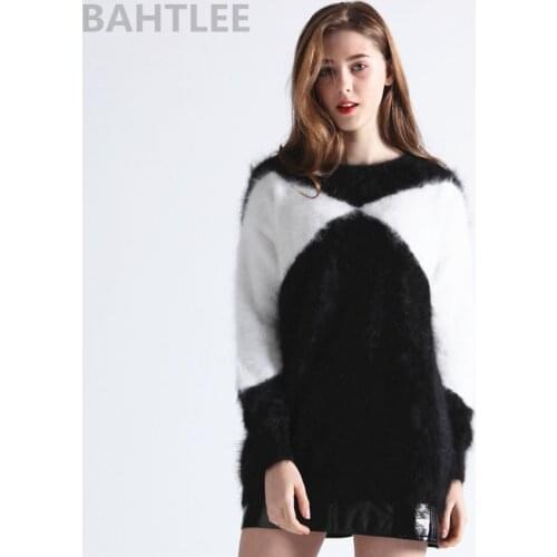BAHTLEE Winter Womens Angora Pullovers Jumper Knitted Sweater Mink Cashmere O-Neck Long Sleeves Keep Warm Loose Style