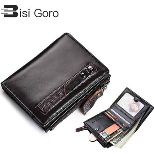 BISI GORO 2021 Genuine Leather Wallets Brand Women&Men Wallet Purse Business Credit Card Holder Double Zipper Cowhide Wallet