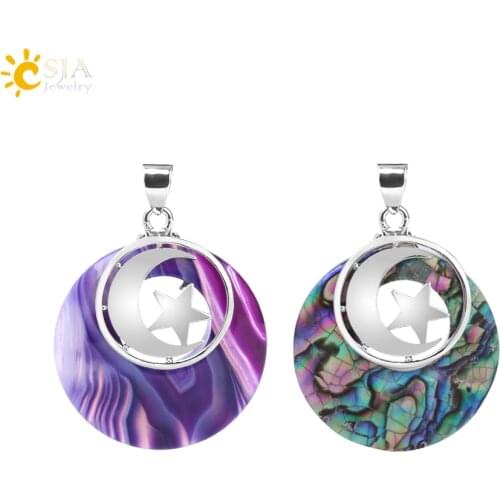 CSJA Moon Star Round Pendants for Necklaces Reiki Abalone Shell Agates Onyx Opal White Blue Howlite Ethnic Healing Jewelry F849