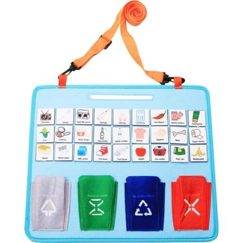 Wooden Classification Toys Kindergarten Educational DIY Games 4pcs Mini Trash Pocket And 27pcs Cards Or Garbage Sorting