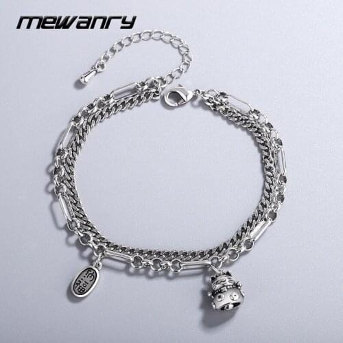MEWANRY 925 Sterling Silver Double Layer Chain Bracelet for Women Fashion Punk Vintage Cute Cat Pendant Party Jewelry Girl Gifts